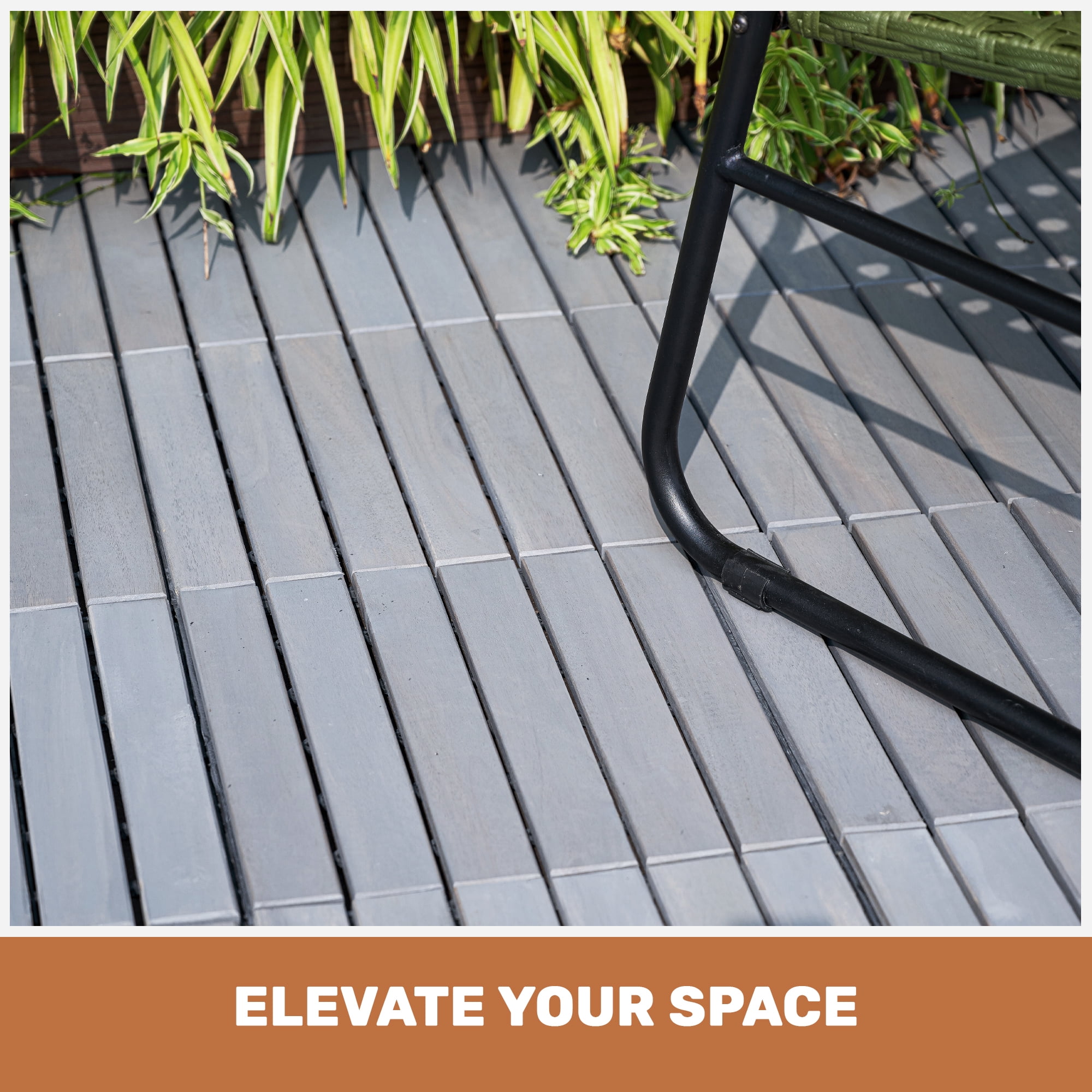 Acacia Wood Deck Tiles, 30 PCS 12x12 Inch Striped Hardwood Tiles for Patio Balcony Backyard Garden, Light Gray