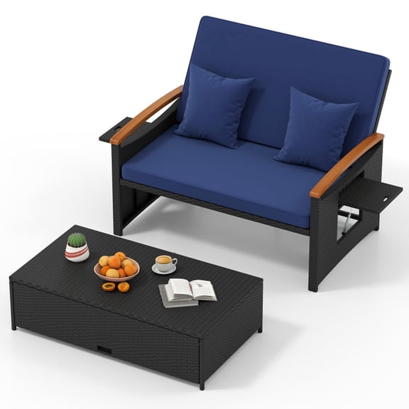 Biotree Outdoor Wicker Daybed with Folding Panels and Storage Ottoman Patio Daybed for Garden Backyard, Dark Blue