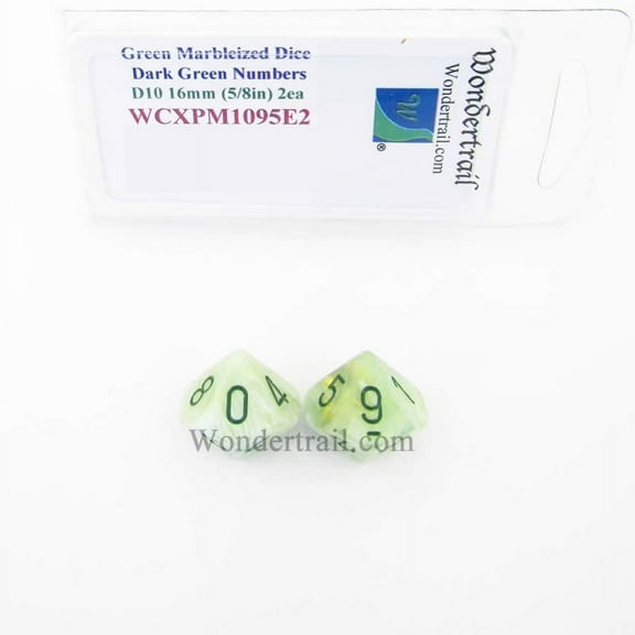 Green Marbleized Dice with Dark Green Numbers D10 16mm (5/8in) Pack of 2 Wondertrail