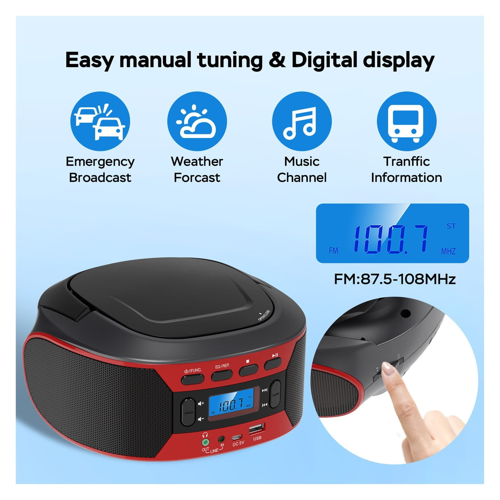 CD Player Bluetooth AUX IN Input Support Headphones 5 EQ Modes Multifunctional Digital ,Multi-Functional