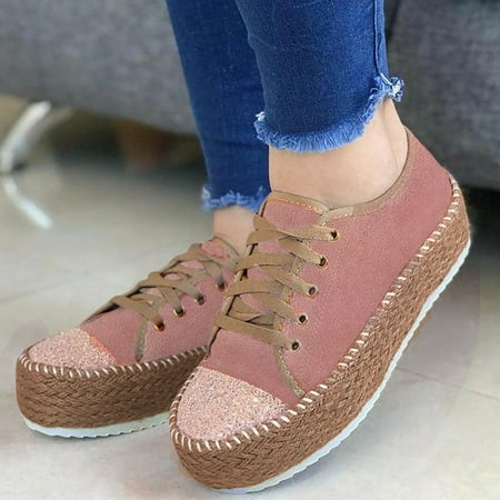 

HIBRO Women s Sequin Breathable Flat Round Toe Comfortable Lace-Up Casual Single Shoes