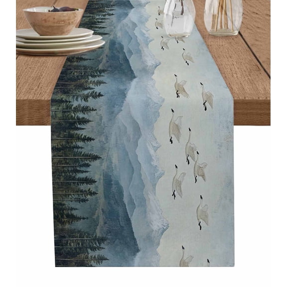ERUNPONLY Watercolor Landscape Table Runner - 70 Inch Long Retro Geese Forest Mountain Cotton and Linen Blended Dress Scarves Farmhouse Table Runner for Kitchen Dining, Coffee Table, 13"x70"