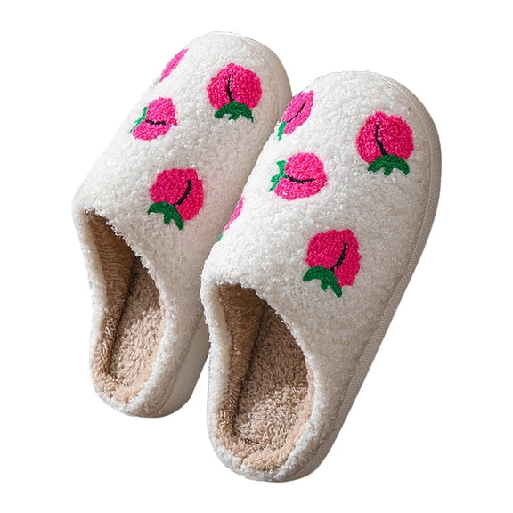 Men's and Women's Embroidered Fruit Warm Cotton Slippers for Couples Home Indoor House Shoes, Hot Pink, 36