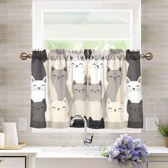 Yayeee Kitchen Curtains Tier Pair Light Filtering 27"x36" Rod Pocket Short Cafe Window Panel, Beige Cute Cats