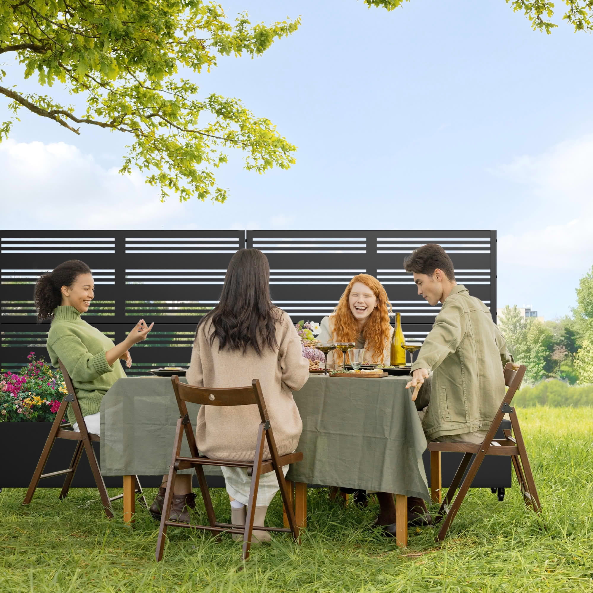 MAYEERTY 47 x 16in Black Iron Raised Garden Bed with Wide-Narrow Louvered Trellis, 3-Pnl, for Outdoor Patio
