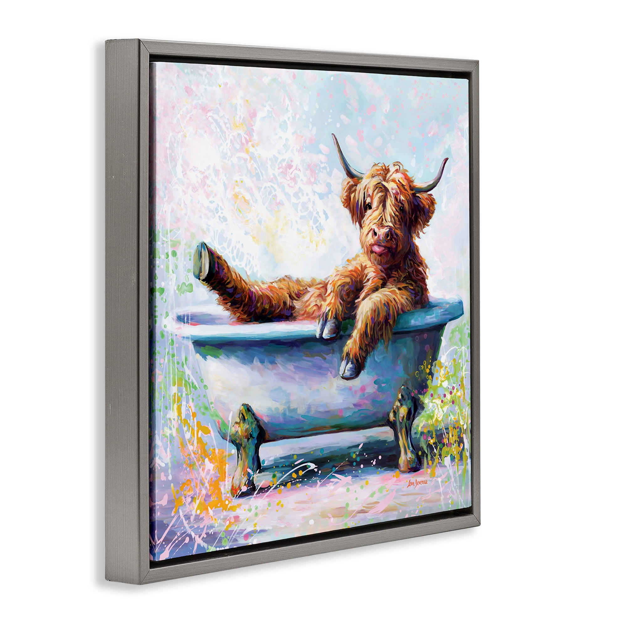 Stupell Industries Splashing Baby Cow Typography Painting Gray Floater Framed Canvas Art Print Wall Art, 18 x 18