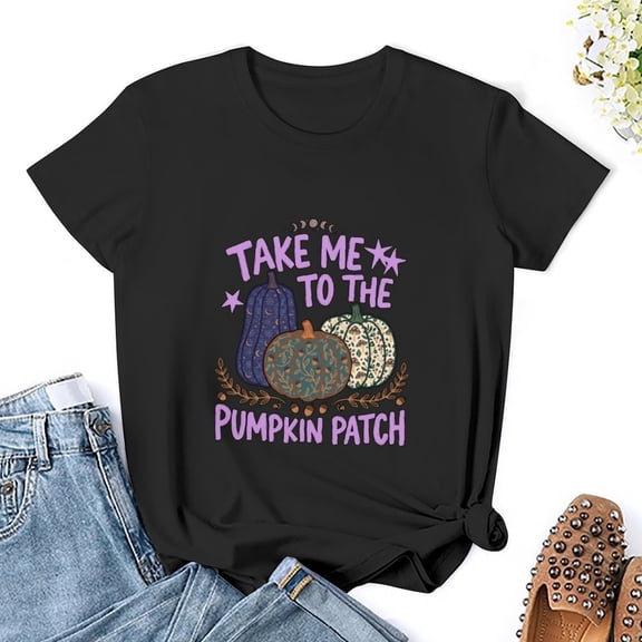 Women’s T-Shirt, Boho Moon Phase Patterned Pumpkin Fall Cottagecore Witchy Short Sleeve Tee for Pumpkin Farm Trip, Halloween Festival & Casual Autumn Harvest Daily Top