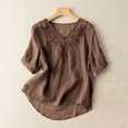 thumbnail image 2 of Npasoilc Summer Tops for Women Cotton And Linen Short Sleeve V Neck Breathable Embroidery Blouse Solid Color Casual Loose T-Shirt Tops, 2 of 7