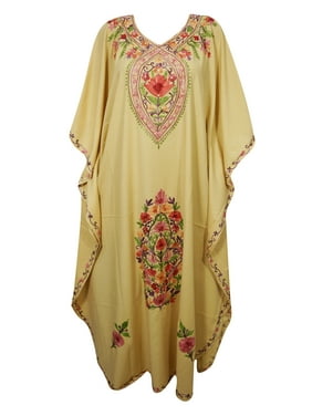 Mogul Beautiful Floral Maxi Caftan Dress Kimono Sleeves Cover Up Beige Long Kaftan 3XL