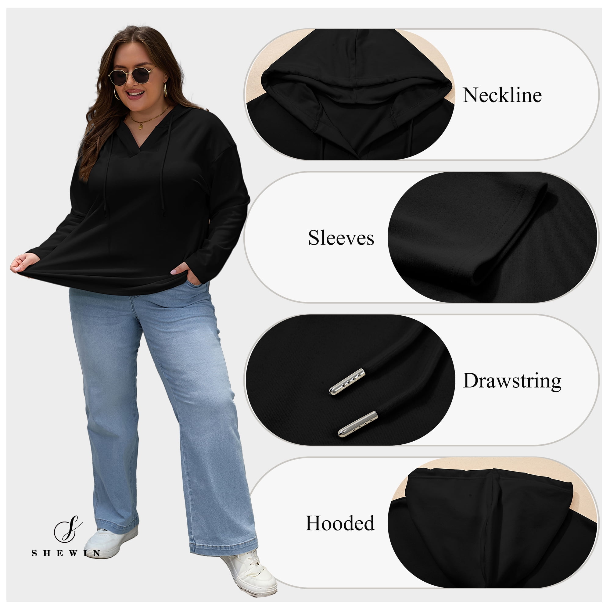 SHEWIN Sweatshirt for Women Plus Size Hooded Sweatshirts Fleece Sweatshirt V Neck Drawstring Long Sleeve Hoodie Pullover Tops for Fall 2025 Black 3X