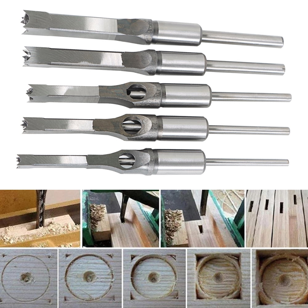 6Pcs Square Hole Drill Bit HSS Square Hole Saw Mortise Chisel Drill Bit Tools Wood Mortising Chisel Set, Sizes 1/4, 5/16, 3/8, 1/2, 9/16, 5/8 Inch