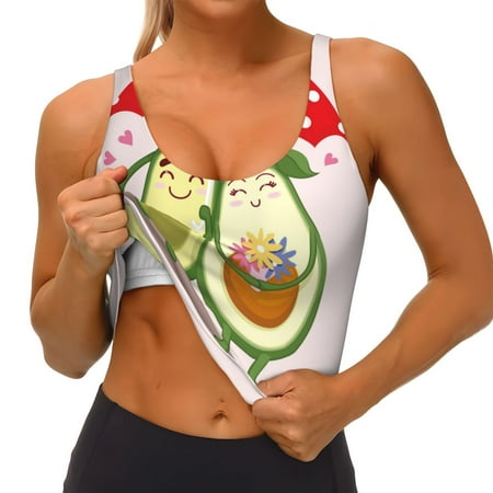 Qokaie Avocado Lovers Wearing Umbrella Pattern Womens Scoop Neck Sports Bra Breathable Workout Vest Padded U Back Medium Impact Fitness Gym Yoga Bra Workout Crop Top