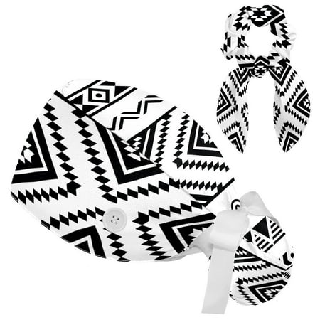 

Working Cap with Buttons and Sweatband Scrub Hat Bouffant Caps with Scrunchie Black and White Tribal Tie Back Hats