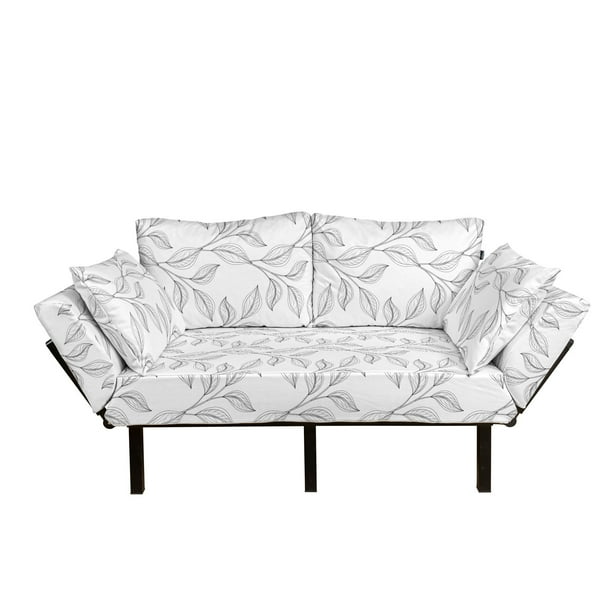 Black and White Futon Couch, Monochrome Garden Pattern with Leaves