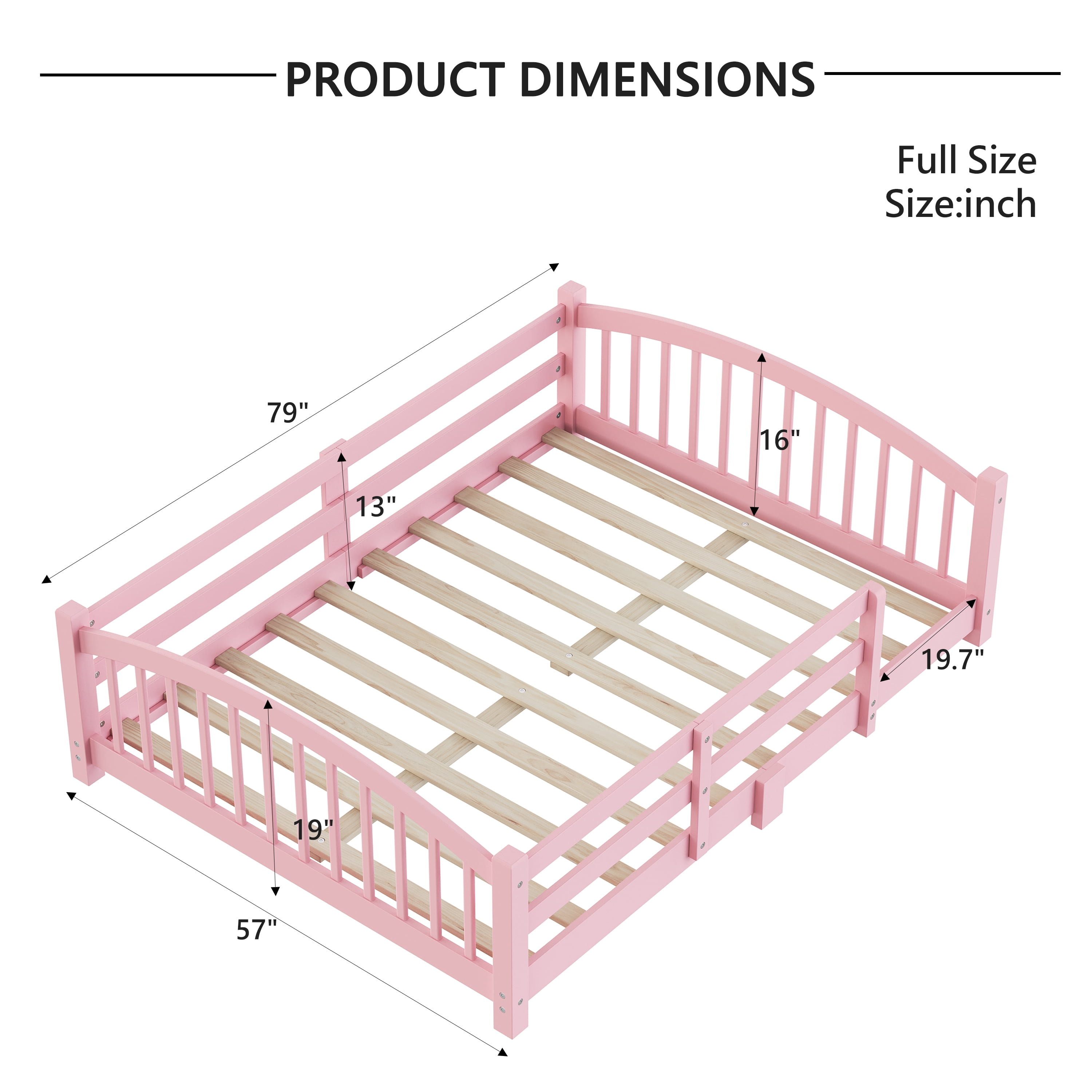 Harper & Bright Designs Full Montessori Floor Bed with Safety Guardrails, Solid Wood Floor Bed with Fence for Girls and Boys Bedroom, Pink