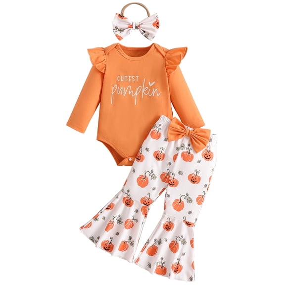 WIBACKER Newborn Baby Girl Halloween Clothes Infant Cutest Pumpkin Romper Bell Bottom Pants Headband 0-18 Months Baby Girls Fall Outfits
