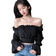 thumbnail image 2 of Women's Solid Slash Neck Sexy Bandage Navel Exposed Long Sleeve Shirt Blouses, 2 of 6