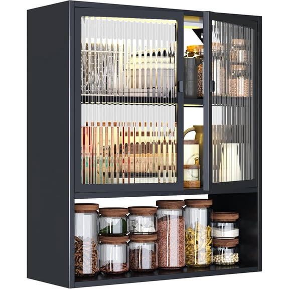 Metal Wall Cabinet, Kitchen Pantry Storage Cabinet with Glass Doors & LED Light, Spice Rack for Kitchen, Bathroom, Living Room, Laundry Room, Black