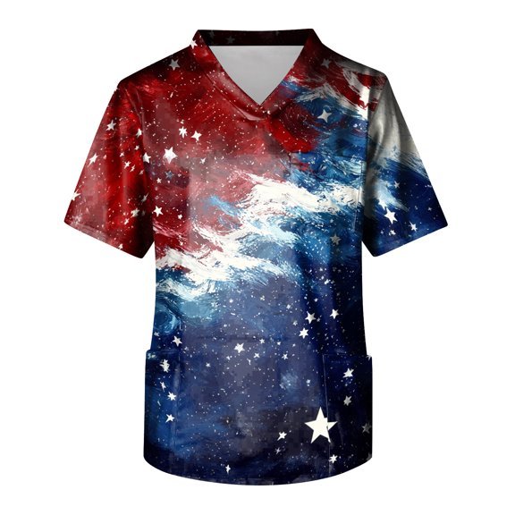 Patriotic Scrub Shirts for Men V-Neck Short Sleeve Stars and Stripes Print Casual Patriotic T-Shirts Lightweight Summer Daily Shirts with Pockets,M,#01 Dark Blue