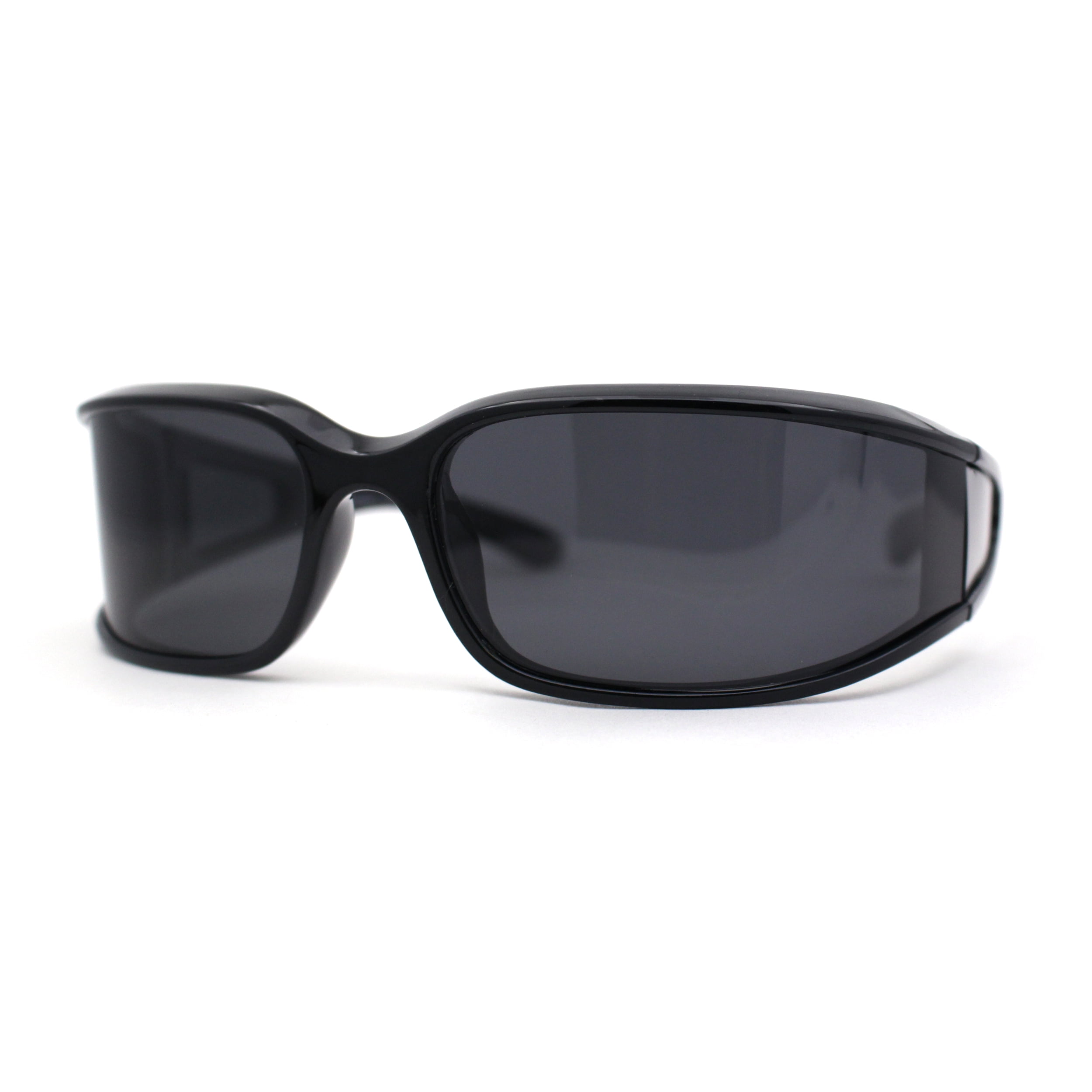 Polarized Unique Curved Side Visor Lens Narrow Rectangle Sunglasses All Black