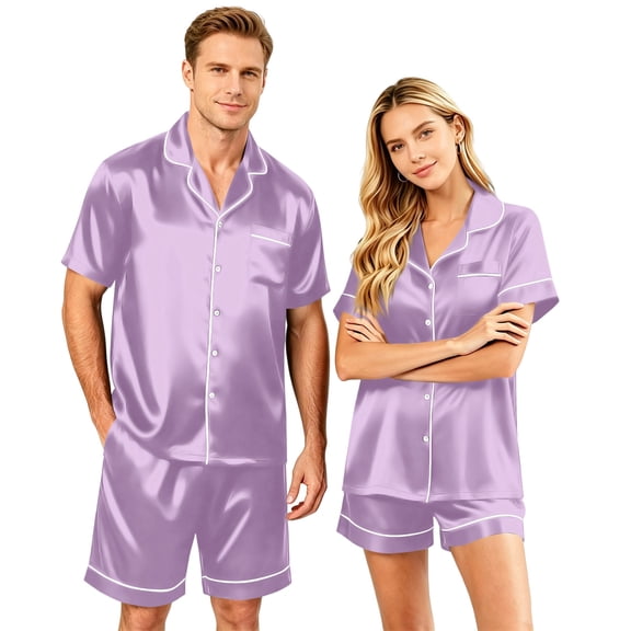 Dwelliawo Mens Satin Silk Pajamas Sets Button Down Shirts and Shorts 2 Piece Sets Short Sleeve Sleepwear Loungewear with Pockets Summer Lounge Sets Purple L
