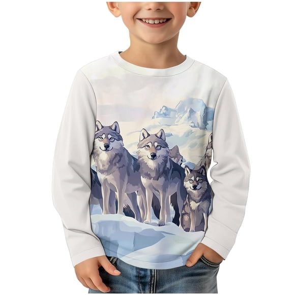 YUNAFFT Kids Wolf Print Long Sleeve Shirt Soft Stretchy Comfort Fit Boys & Girls 3-14Y Pullover Top Casual Daily Wear Active Play