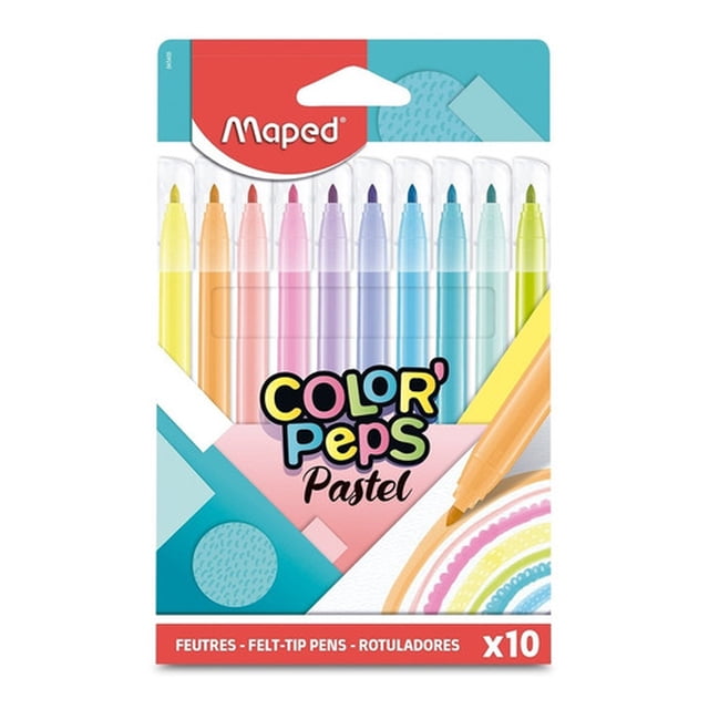 plumones alejaz maped color peps tonos pastel 10 colores pack frontal con 10 plumones de punta 2.8 mm en tonos pastel con tapas translúcidas y empaque ilustrado con logo Maped; diseñados para dibujo, manualidades y uso escolar, tinta lavable y resistentes al secado hasta una semana.