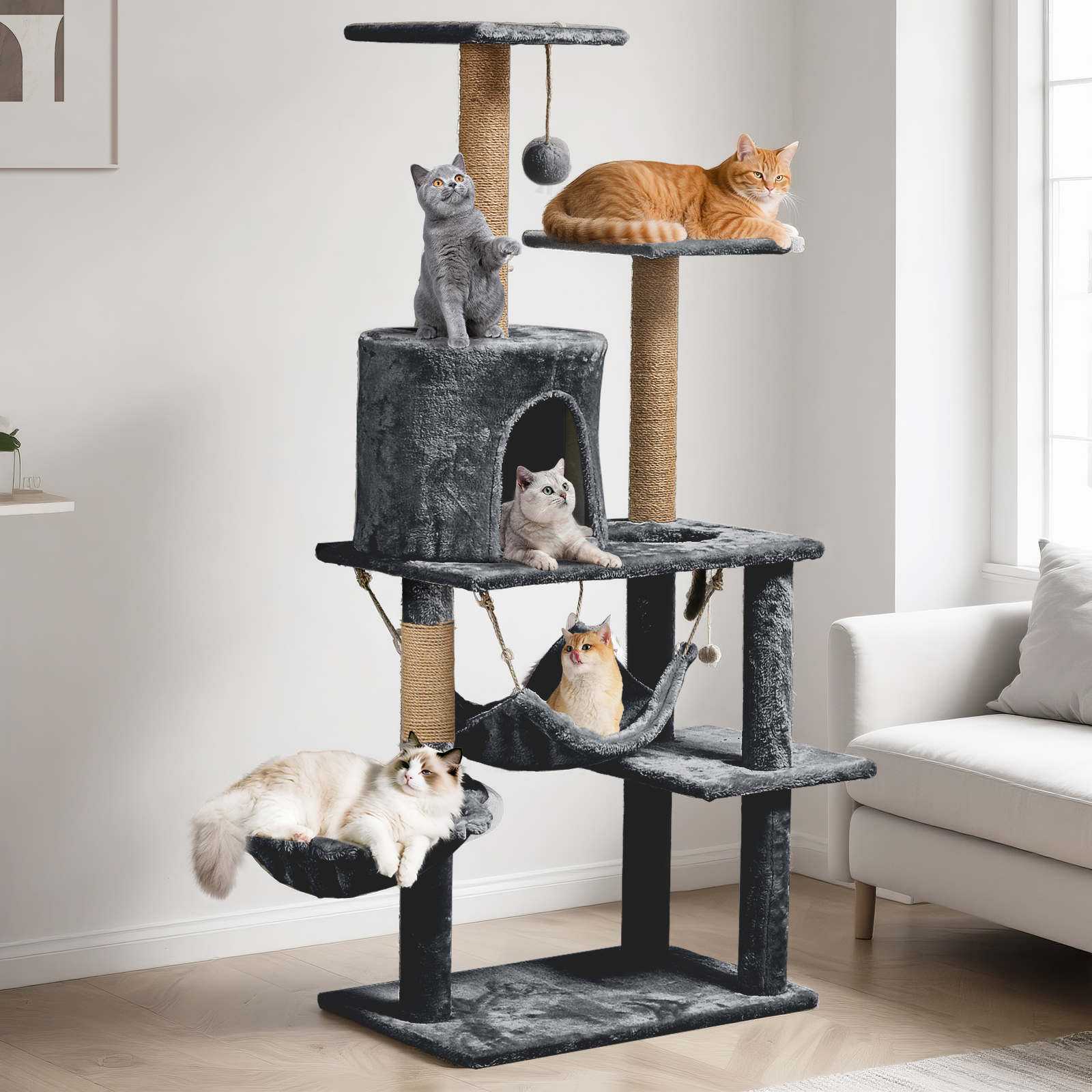 ZephyPaws 52in Large Cat Tree for Large Cat,Multi-level Cat Tower with Cat Scratching Post,Perch for Indoor Cat,Gray