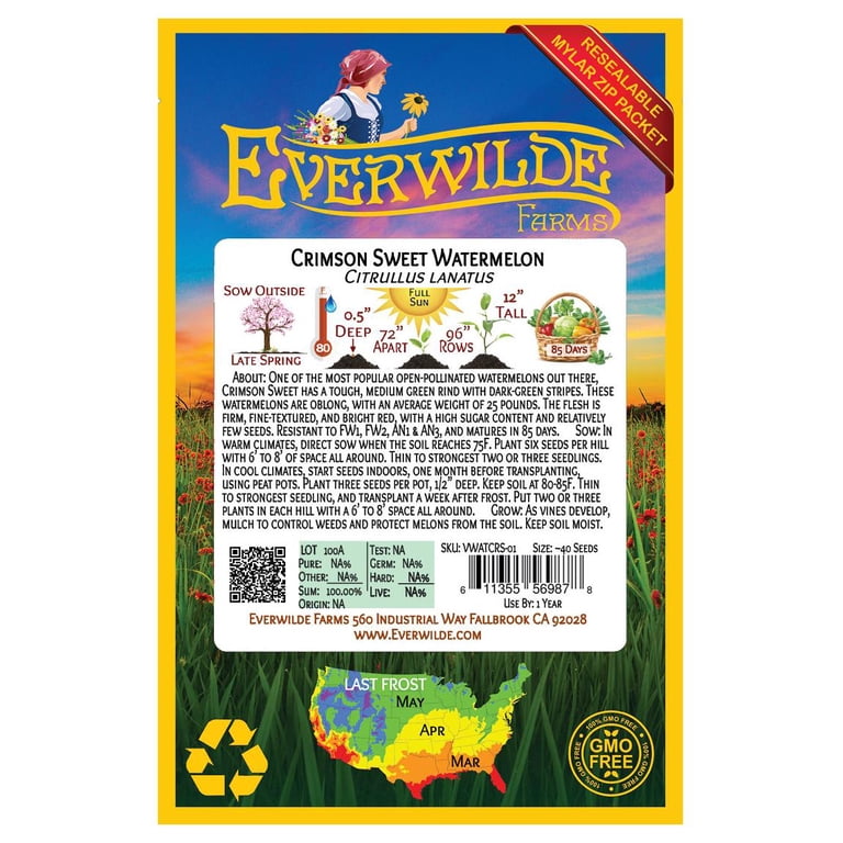 40 Crimson Sweet Watermelon Seeds - Everwilde Farms Heirloom, Open Pollinated, Non-GMO, Mylar Packet