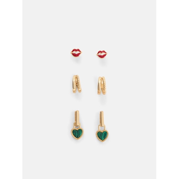 Free Assembly Women's Goldtone Lips, Hearts and Hoops Earring Set, 3-Pair