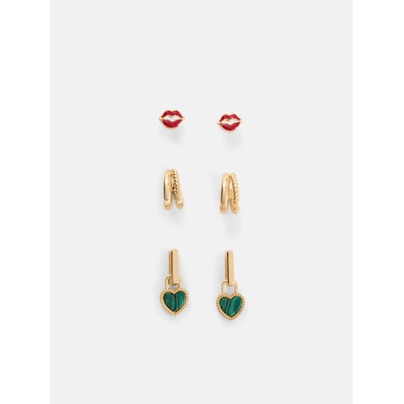 Free Assembly Women's Goldtone Lips, Hearts and Hoops Earring Set, 3-Pair