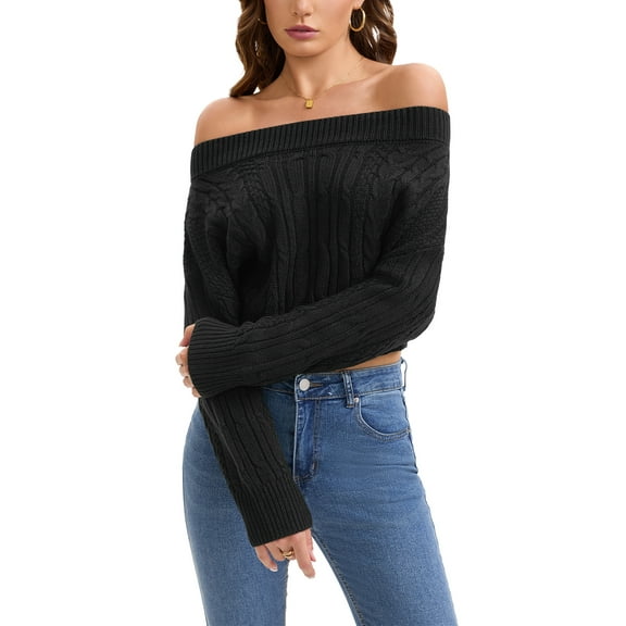 ATHLECHIC Women Cropped Sweaters Off Shoulder Batwing Sleeve Knit Pullover Sweater Tops S Black