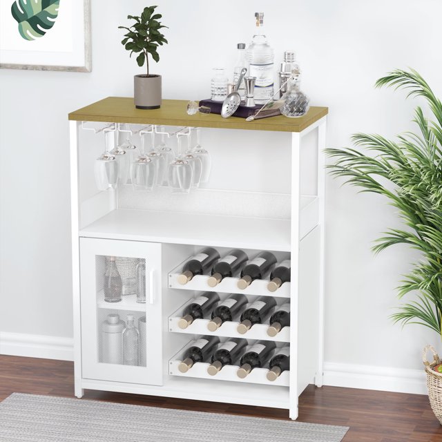 Cherish Farmhouse Wine Cabinet with Removable Wine Rack, Coffee Bar Cabinet with Barn Door and Adjustable Shelves, Kitchen Buffet Cabinet for Dining Room, Living Room