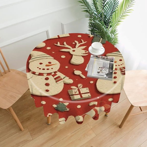 RKSupls 60 Inch Round Tablecloth, Snowman Cookie Red Premium Polyester Straight Edge Wrinkle Resistant Washable Table Cover for Party Home Dining Decor