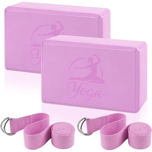 Yoga Block and Strap Set, 2 Soft Non-Slip Supportive Latex-Free EVA Foam Yoga Blocks 9x6x3 inches, 6FT Strap with Metal D-Ring for Yoga, Pilates, Flexibility and Toning (Pink)