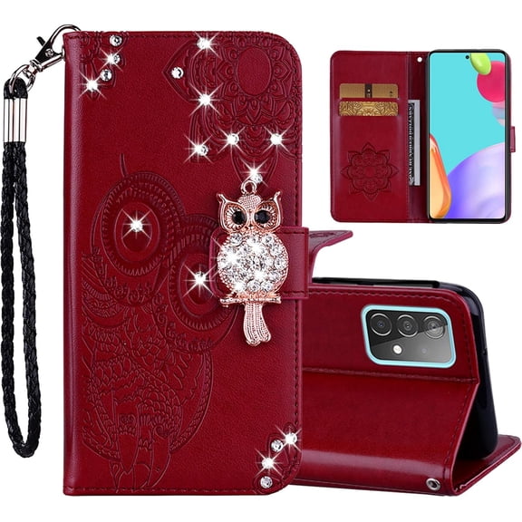 Compatible with Samsung Galaxy A23 5G Flip Case for Women,Glitter Cute Owl Rhinestone Pu Leather Wallet with Cards Slot Cash Pockets Case for Samsung Galaxy A23 5G 6.6'' MTY-Red