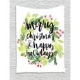 thumbnail image 1 of Christmas Tapestry, New Year and Happy Holiday Rustic Design Wreath with Berries and Evergreen Image, Wall Hanging for Bedroom Living Room Dorm Decor, 40W X 60L Inches, White Green, by Ambesonne, 1 of 1