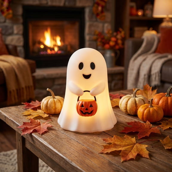 Halloween Ghost Night Light With Pumpkin Candy Bucket Cute LED Ghost Lamp For Halloween Home Table Decor Spooky Ghost Figurine Light For Party halloween decorations outdoor