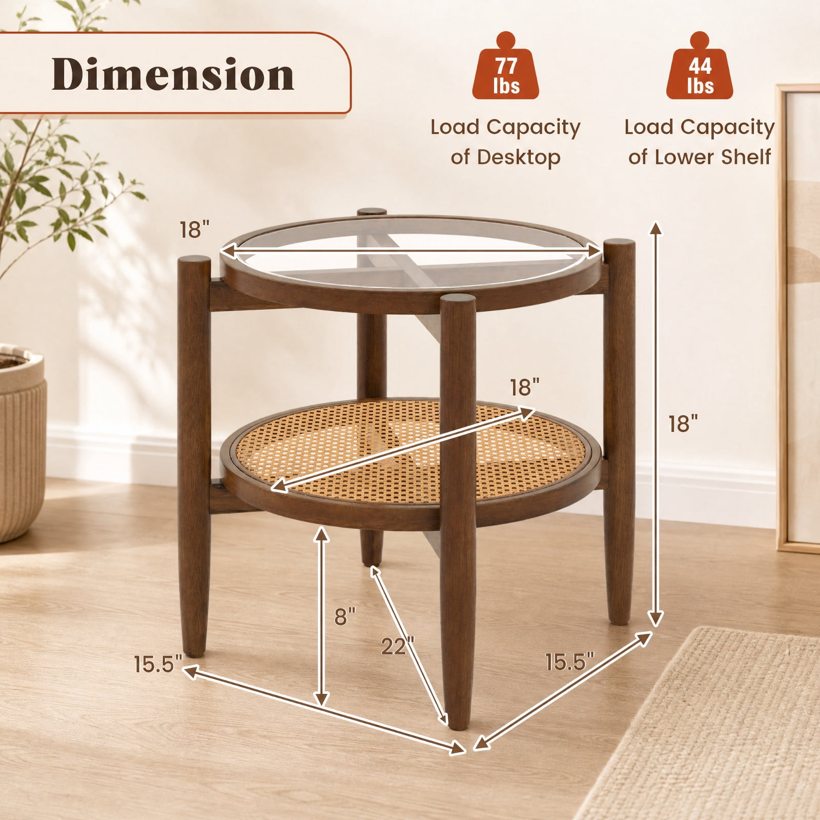 Furnibear Rattan Round Side End Table with Tempered Glass Tabletop and 2 Tier Acacia Wood Legs for Living Room Bedroom and Sofa Side, Walnut