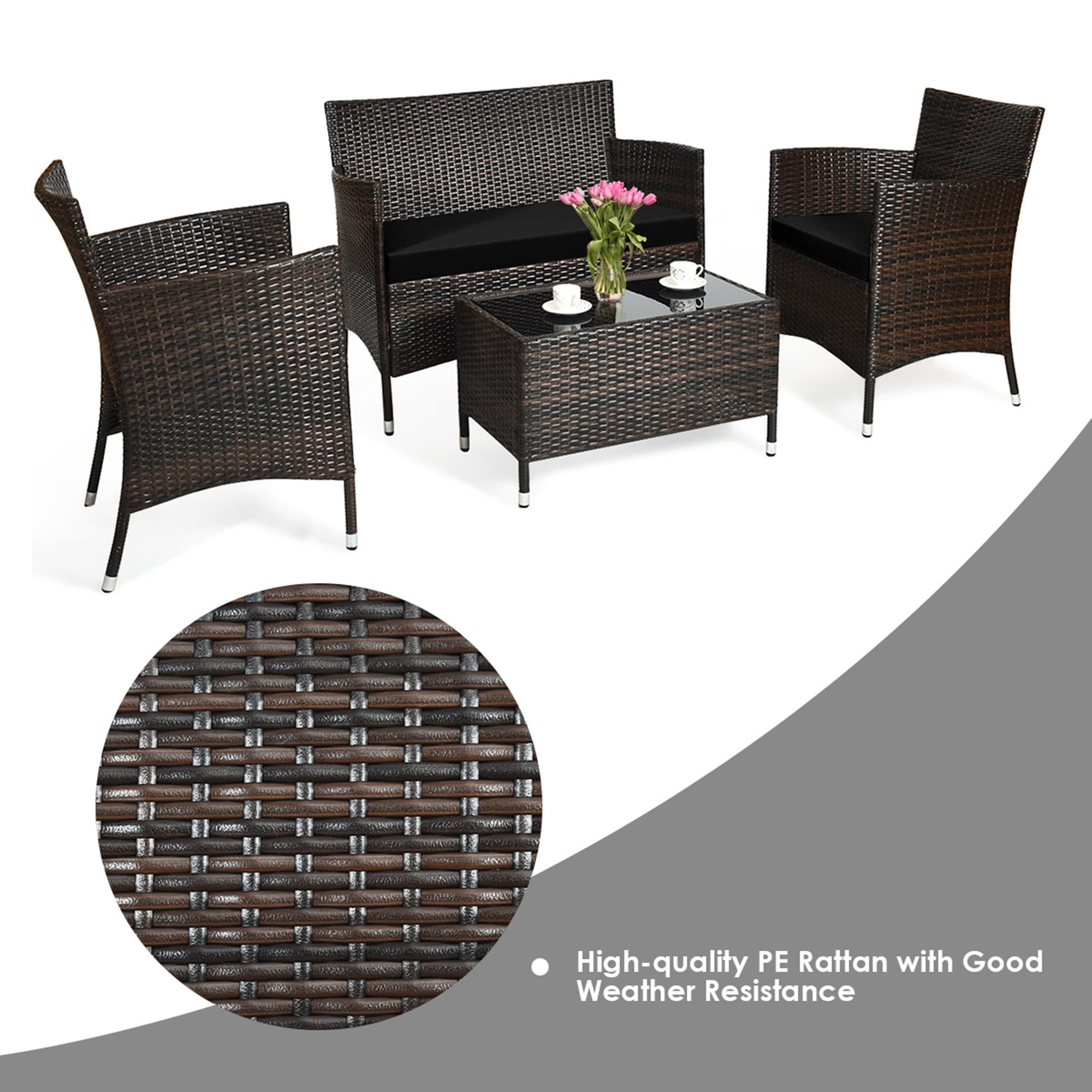 Gymax 4PCS Patio Rattan Conversation Furniture Set Outdoor w/ Black Cushion
