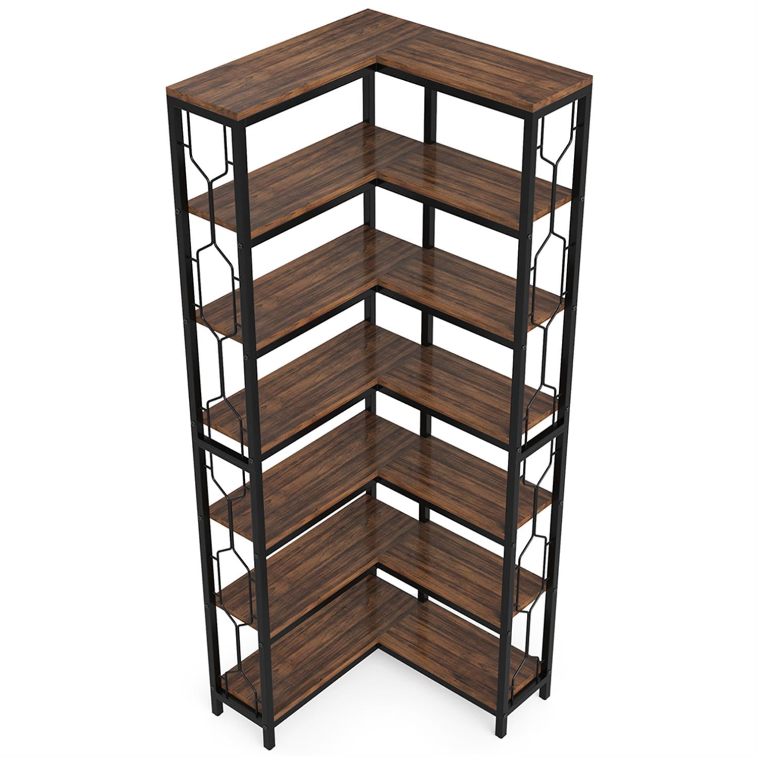 Demi Bonn 7 Tier Corner Bookshelf, Wood and Metal Bookcase Storage Organizer,dustrial Display Standing Shelf Unit for Bedroom, Living Room, Brown