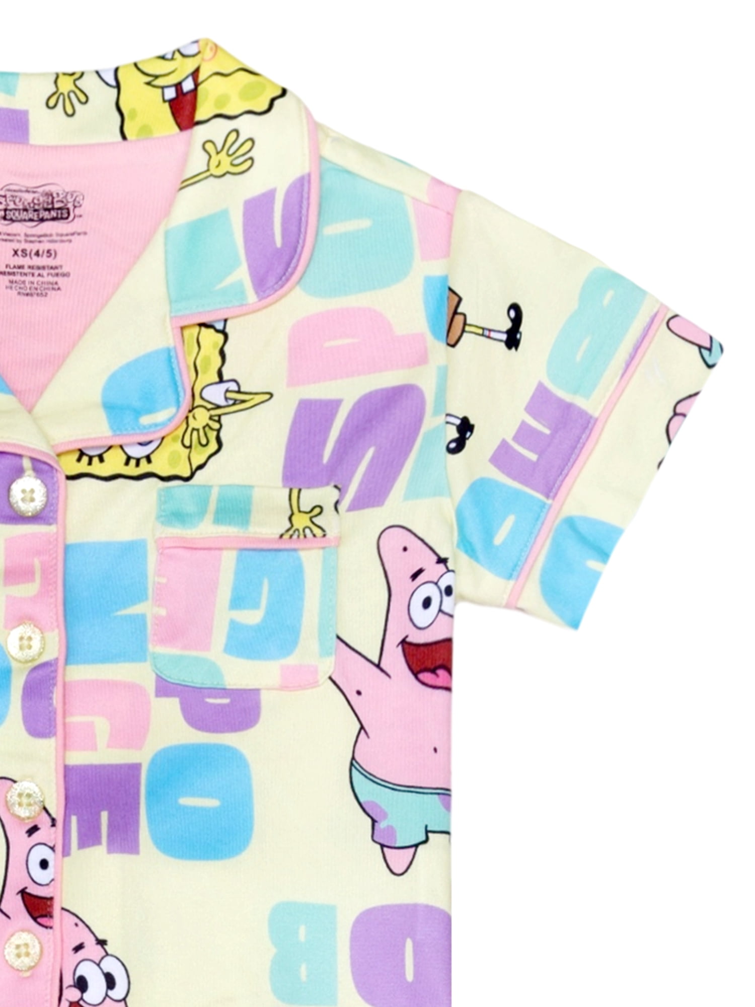 SpongeBob Girls Button Front Top and Pants Pajama Set, 2-Piece, Sizes 4-12