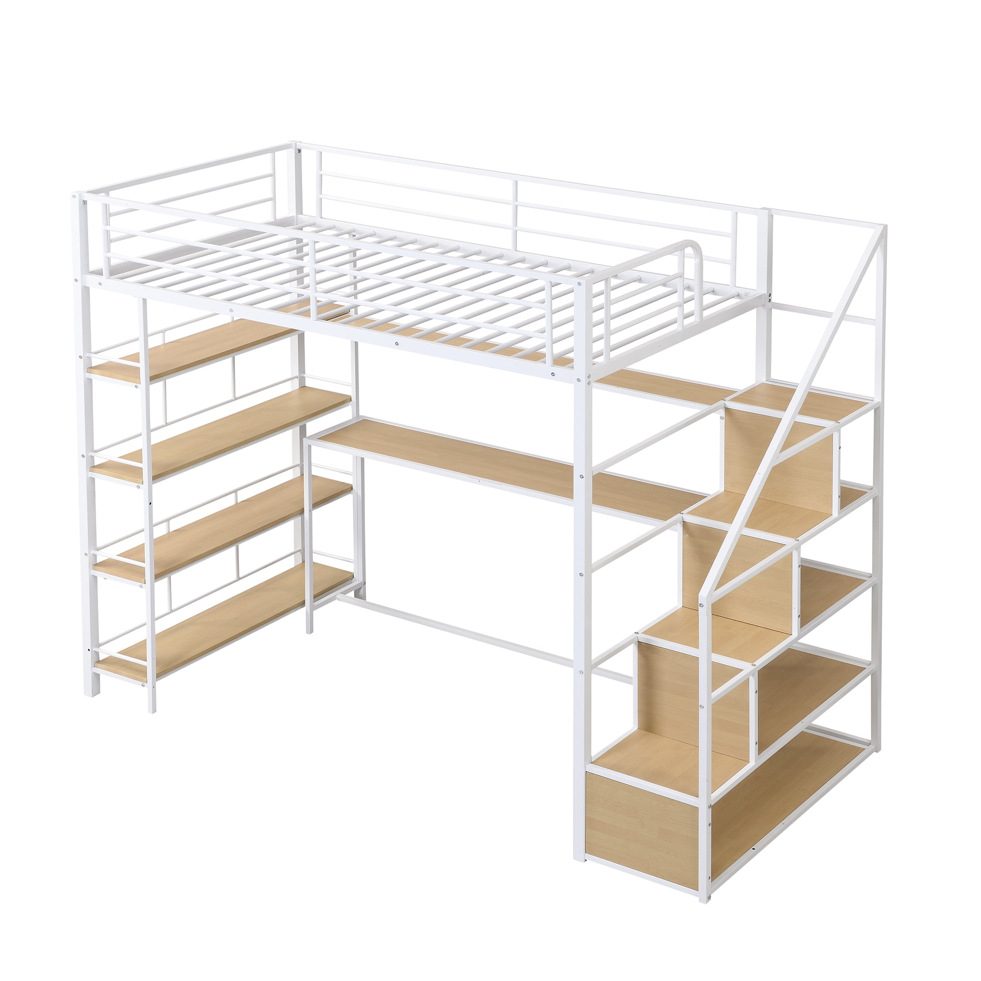 Euroco Metal Twin Bed, Loft Bed with Desk and Bookcase, Shelf and Storage Staircase, White