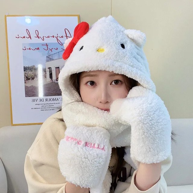 Sanrio Hello Kitty Cinnamoroll My Melody Kuromi-gorro de felpa de dibujos animados Kawaii, con capucha, a prueba de viento, bufanda, guantes, Invierno LIUWENJING unisex