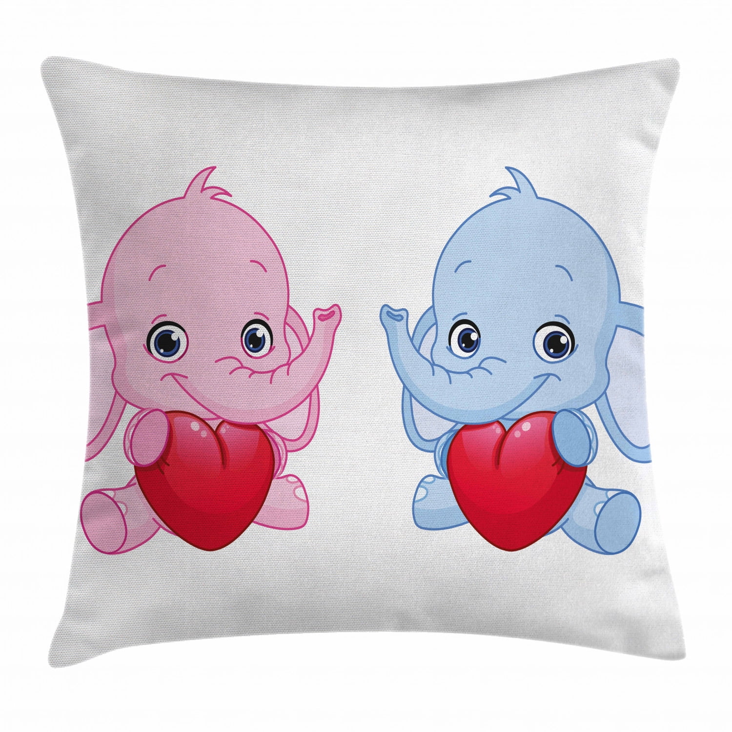 Elephant Nursery Decor Throw Pillow Cushion Cover, Pink and Blue Kid Infant Elephants Holding