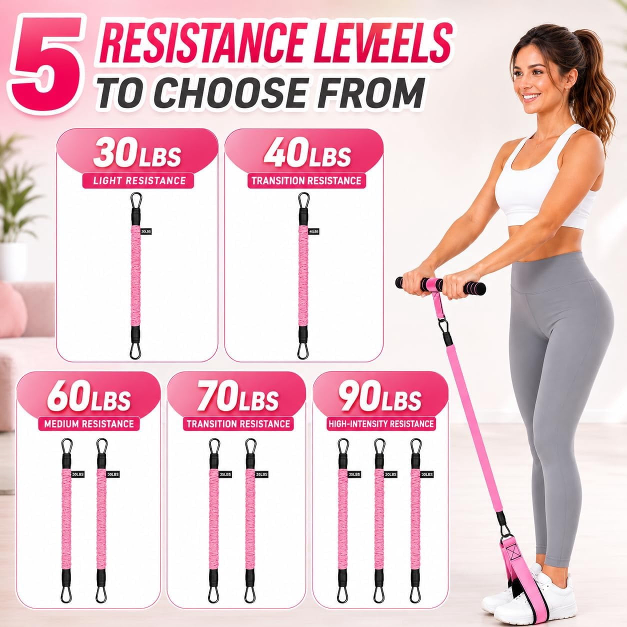 Multifunction Pedal Resistance Band with Handles, 4 Bands Set (30/30/30/40LB) Adjustable Full Body Workout Equipment for Home Gym
