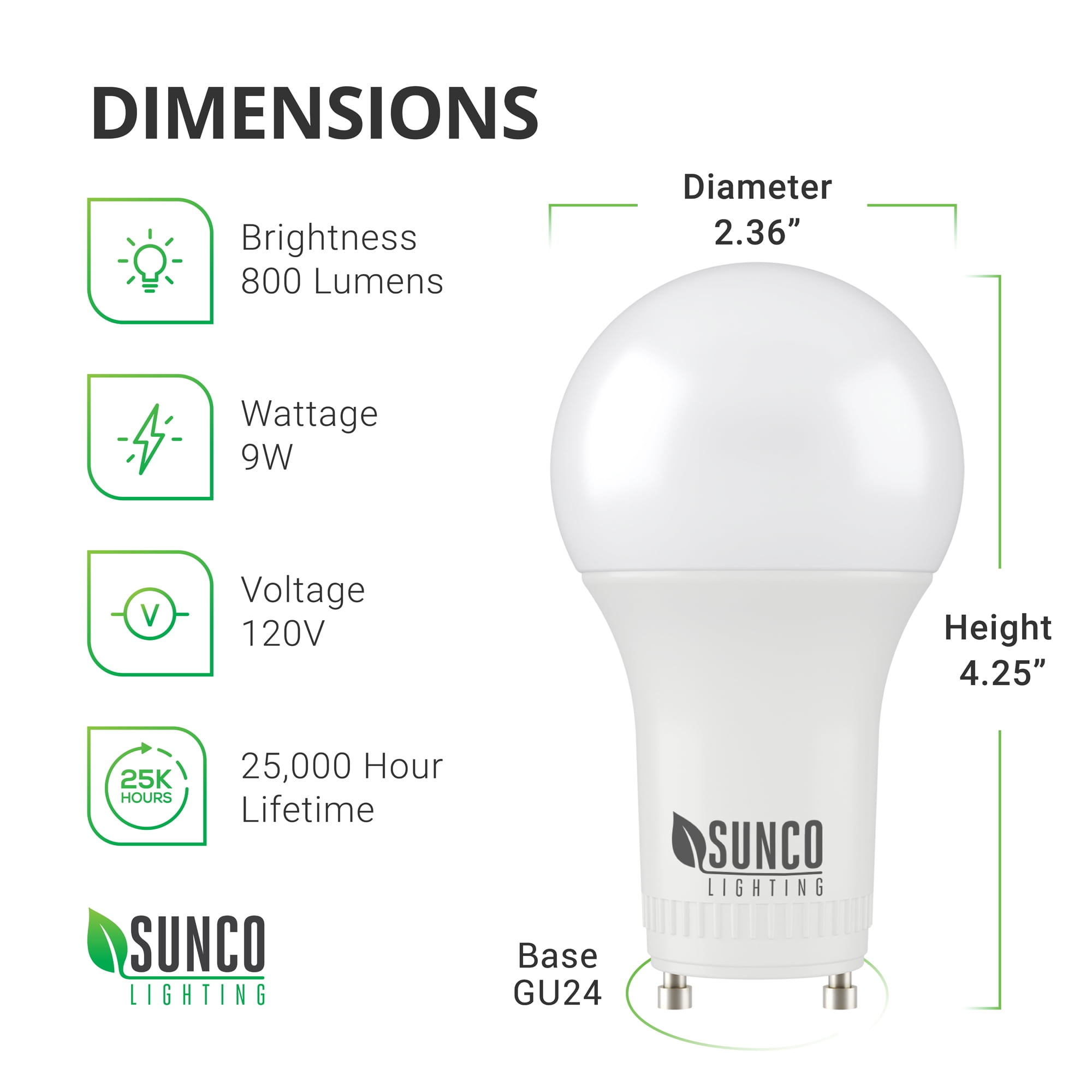 Sunco 6 Pack A19 LED Bulb, 9W=60W CFL Replacement, 2700K Daylight, 800 LM, Dimmable, Twist and Lock GU24 Pin Base, Indoor Light - UL