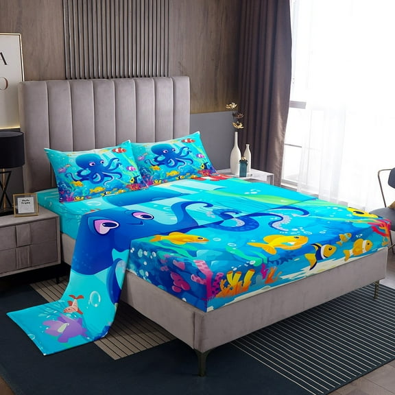 Erosebridal Cute Octopus Sheet Set Twin, Cartoon Sealife Twin Sheet Sets, Yellow Fish Bedding Twin Size, Breathable Bedroom Decor, 3 Pieces
