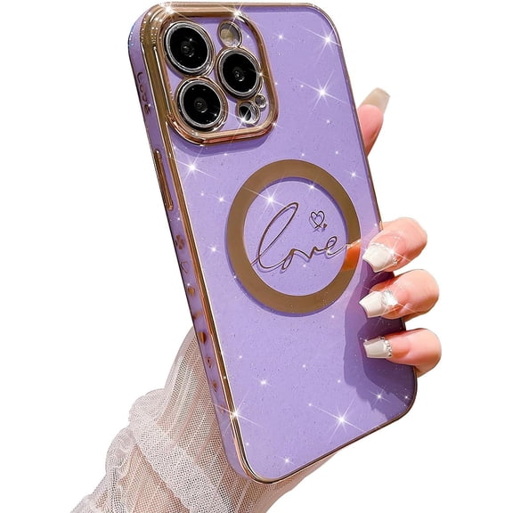 Compatible with iPhone 14 Pro Max Magnetic Glitter Case 6.7 Inch, Luxury Love Heart Pattern Plating Case, Compatible with MagSafe for Women Girls Shockproof Back Cover-Light Purple