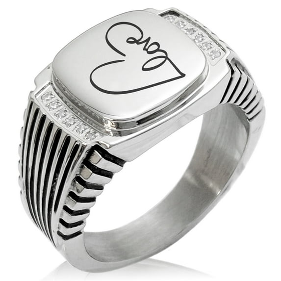 Stainless Steel Love Heart Calligraphy CZ Ribbed Needle Stripe Pattern Biker Style Polished Ring